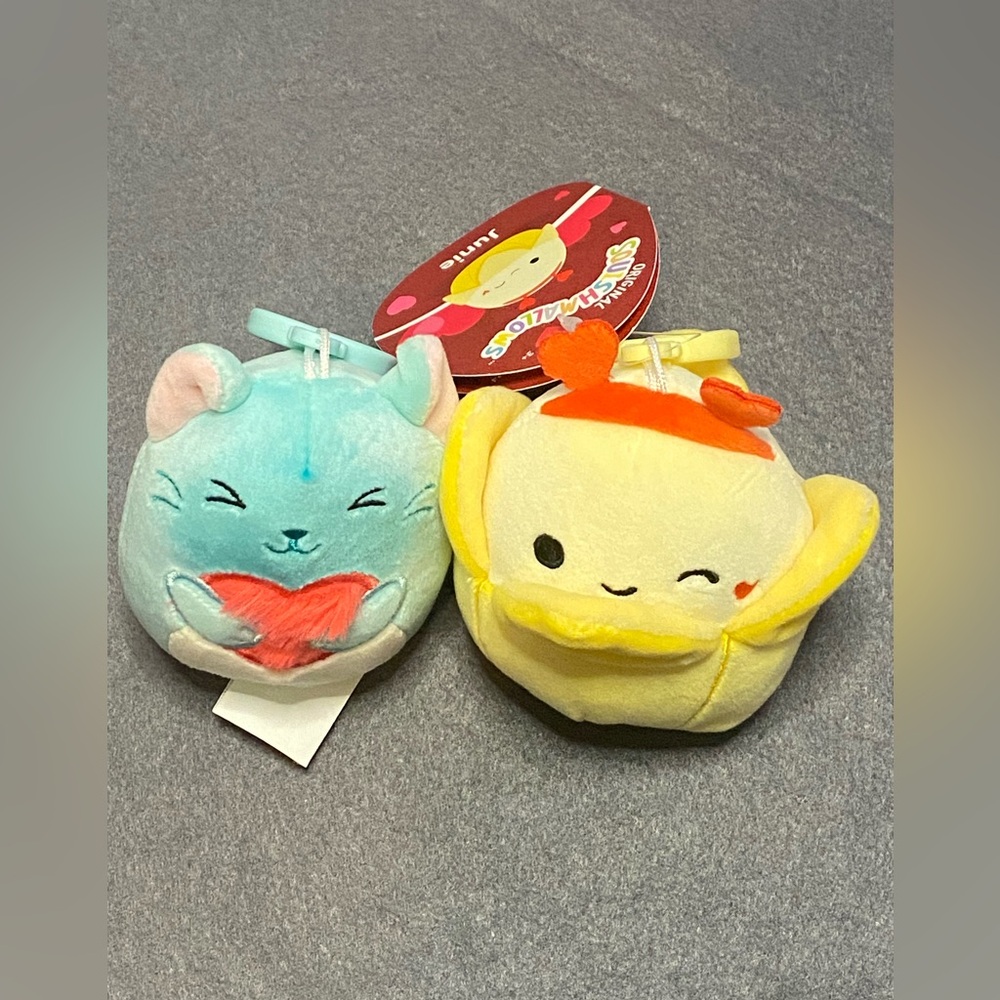 Bundle if 2 small valentine squishmallow keychains banana & cat